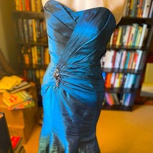 Strapless blue gown with rhinestone detail